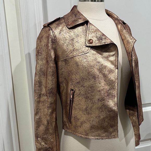 Anthropologie Brisa Metallic Cropped Faux Leather Moto Jacket Size XS - Picture 3 of 14
